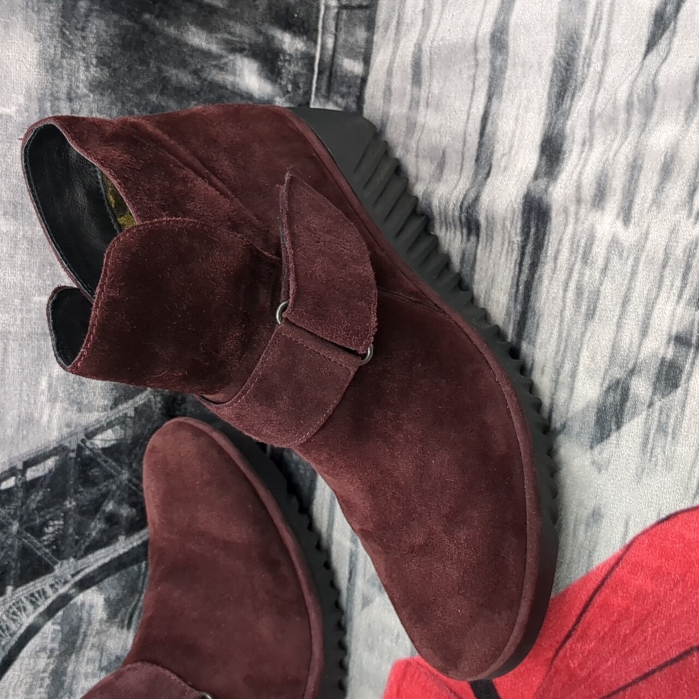 Fly London Lobe Hook Loop Burgundy Leather Wedge  Boots 9-9.5 - Picture 2 of 10